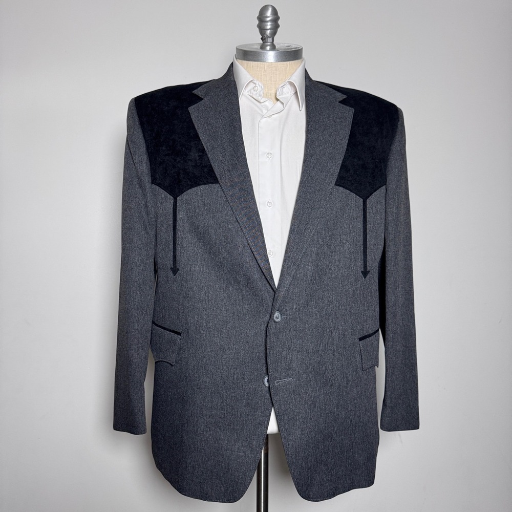 Pagano West Western Blazer Mens 52R Gray Black‎ Suede Yoke Rockabilly Cowboy USA